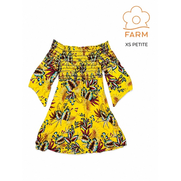 FARM Rio Dresses & Skirts - Farm Rio Bria Mini Dress XS Petite Yellow Floral Off Shoulder Anthropologie
